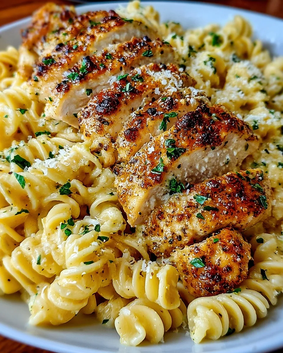 Creamy Garlic Parmesan Chicken with Cheesy Twisted Pasta