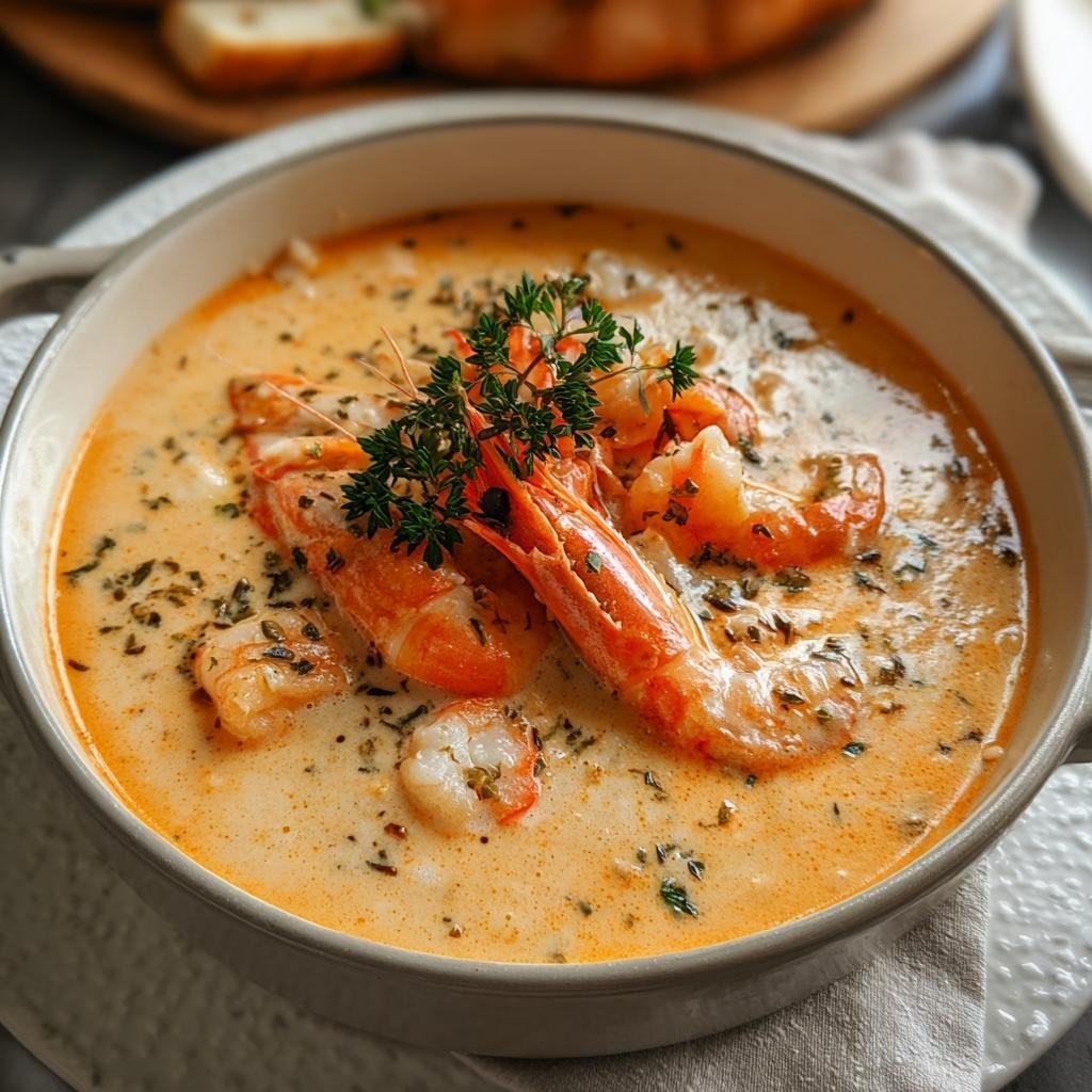Crab Shrimp Seafood Bisque: 1 Rich Luxury Soup - Close-up of creamy crab and shrimp bisque in a bowl