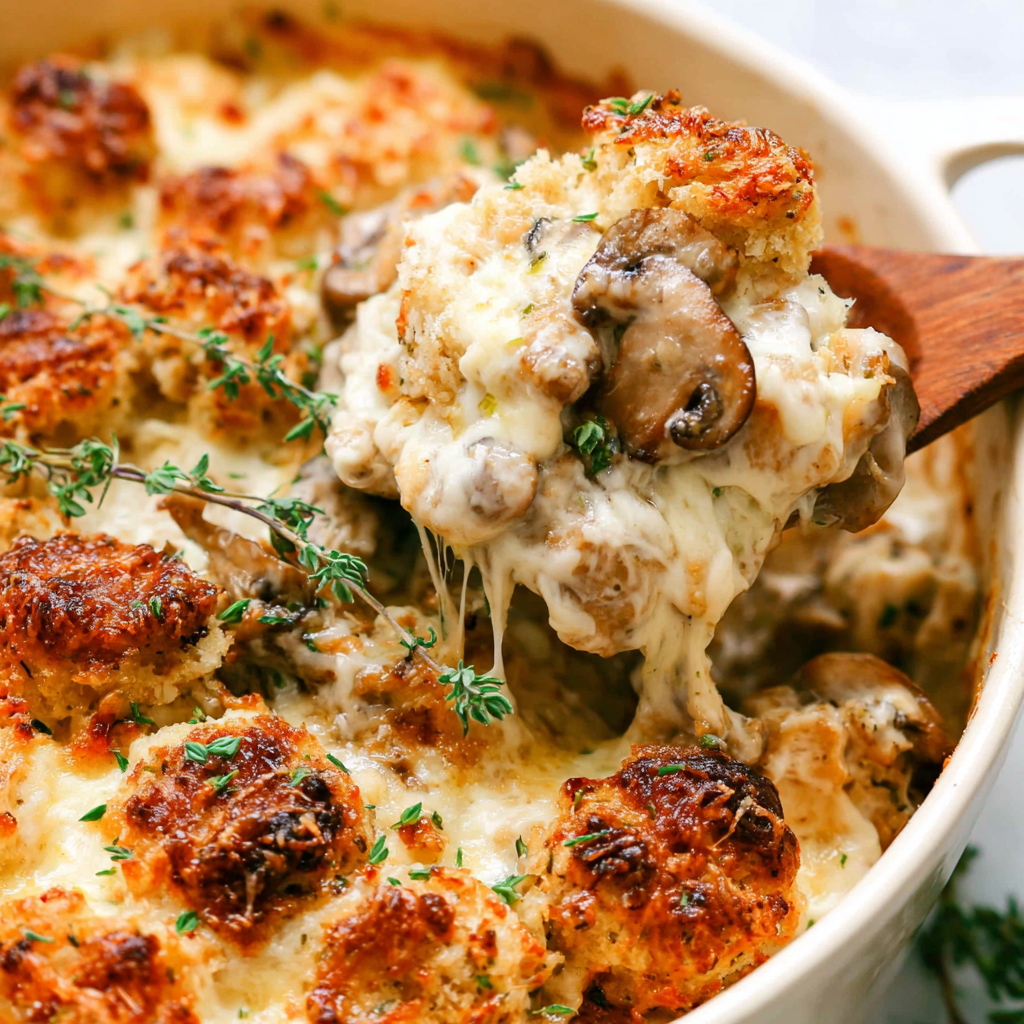 Delicious Cheesy Baked Chicken & Mushroom Casserole