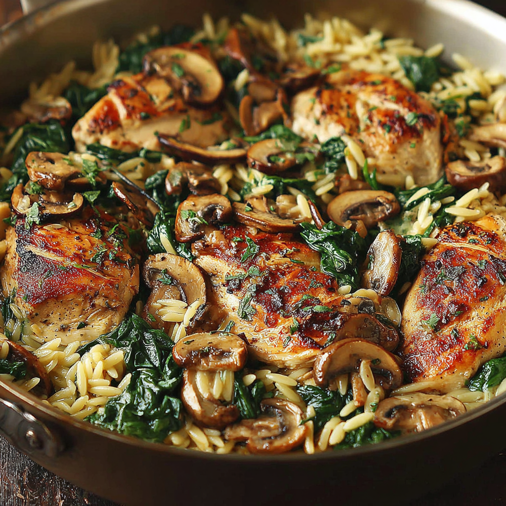 Creamy Spinach Mushroom Orzo with Chicken Delight
