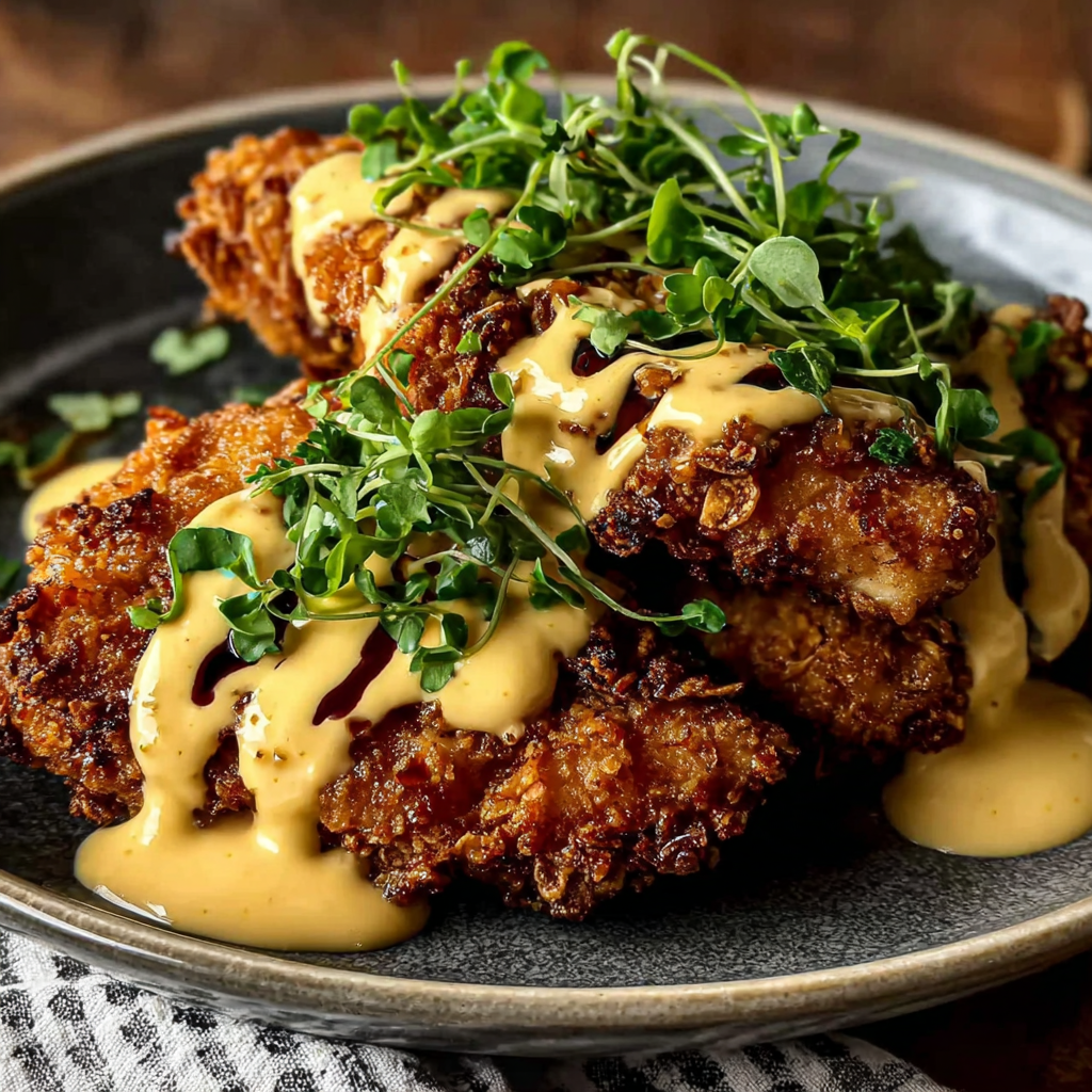 Crispy Pretzel Chicken with Creamy Mustard-Cheddar Sauce