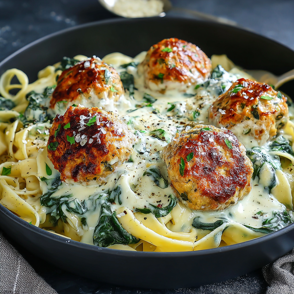 Delicious Chicken Ricotta Meatballs in Spinach Alfredo