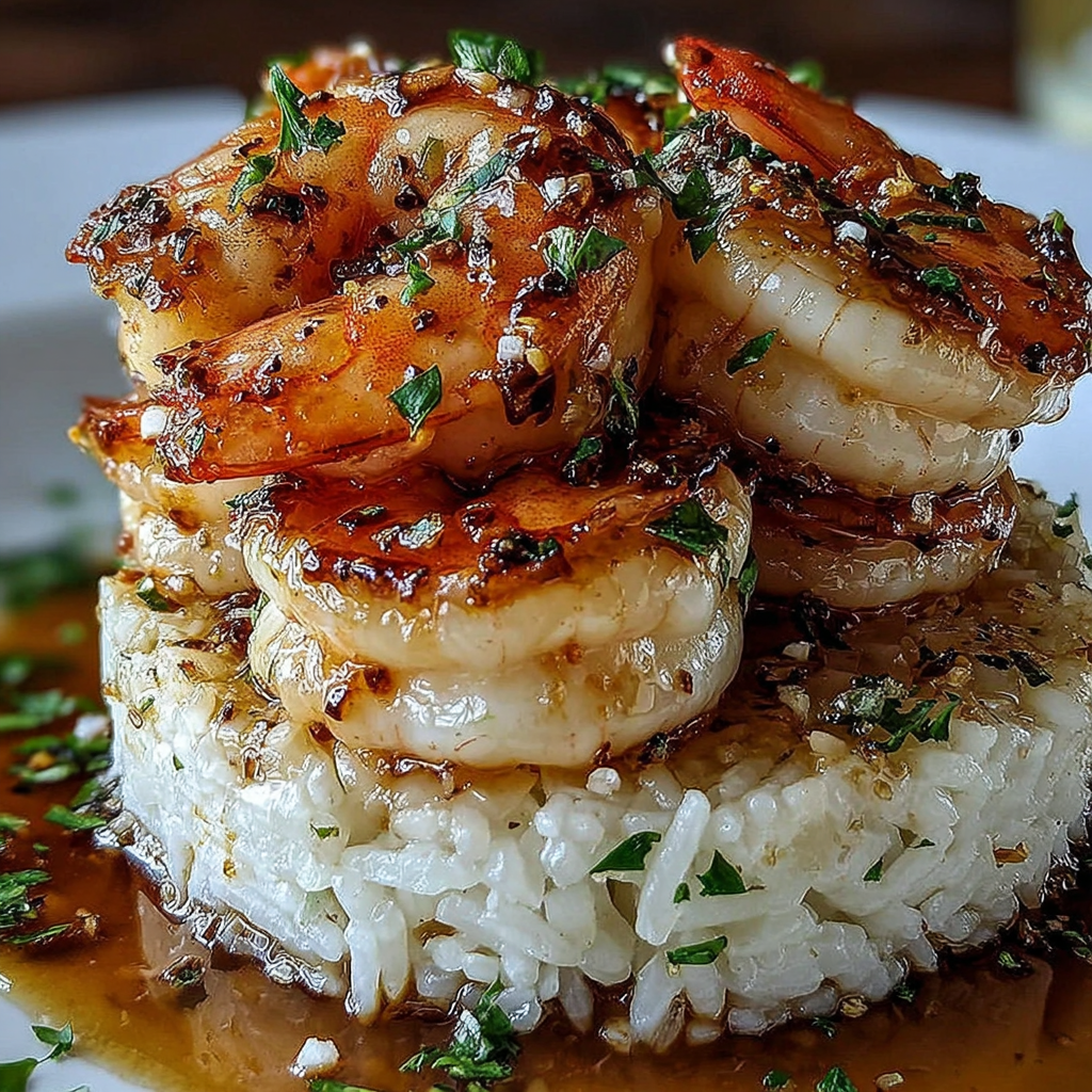 Savor the Layers of Garlic Butter Shrimp and Rice Stack
