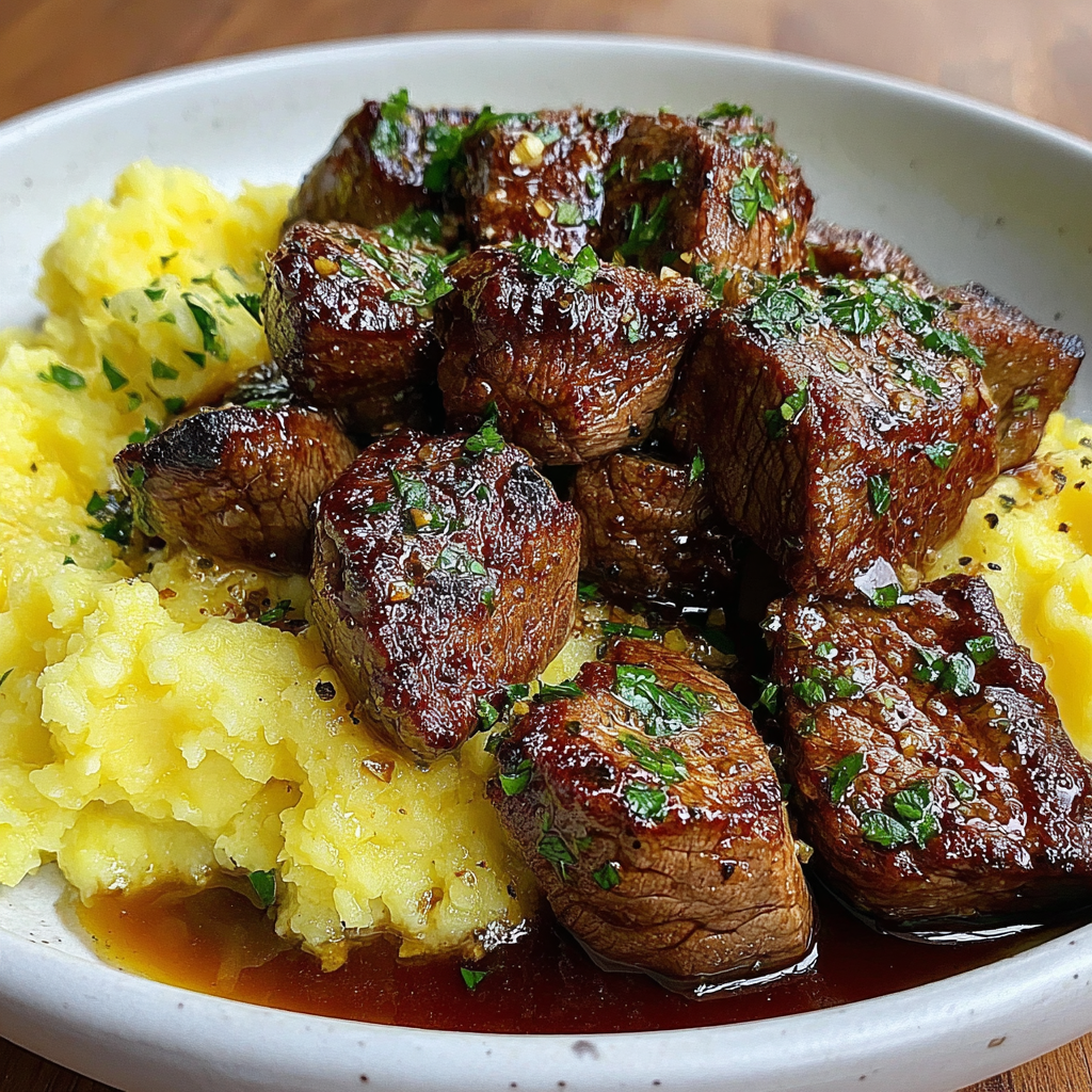 Savory Garlic Butter Steak Bites with Creamy Mash